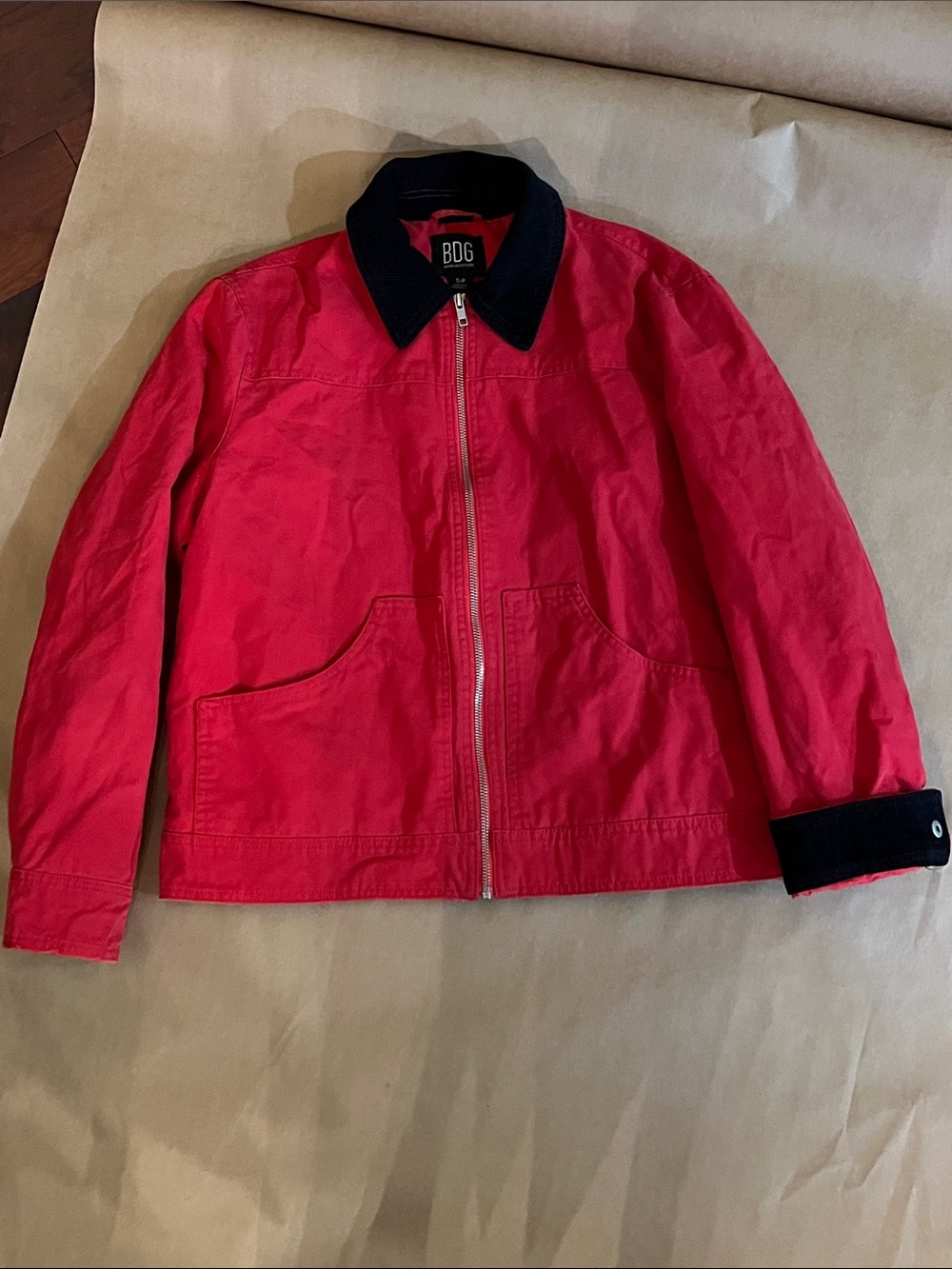 BDG Red Zip-Front Utility Jacket with Black Corduroy Collar and Cuffs